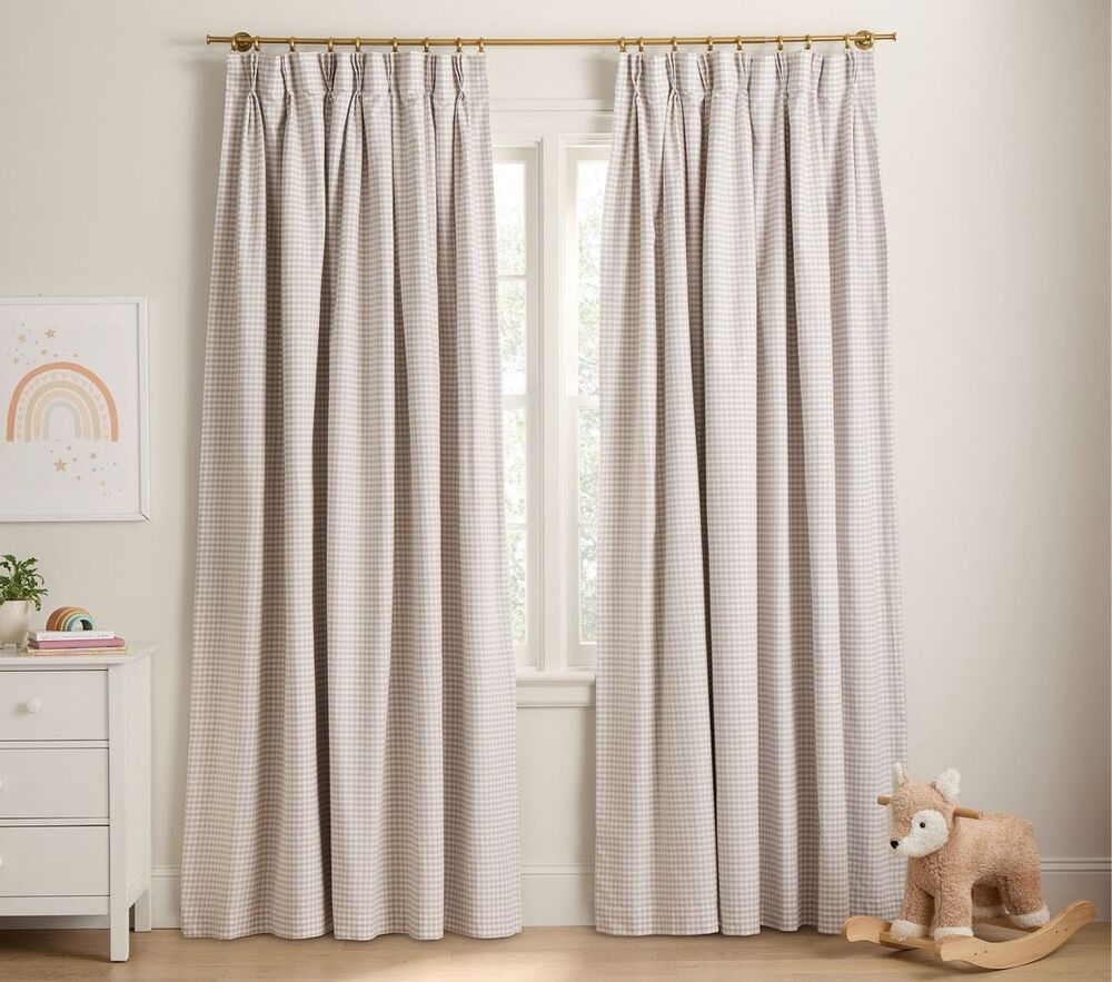 Pottery Barn Taupe Gingham Blackout Tab Top Curtain Panel
